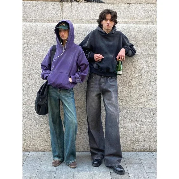 Men's Gray Pullover Plain Preppy Streetwear Cotton Vintage Hoodies Sweatshirt - Picture 2 of 5